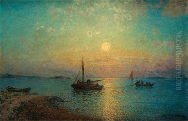 The Sun Setting Over Fishing Boats Oil Painting by Alfred Wahlberg