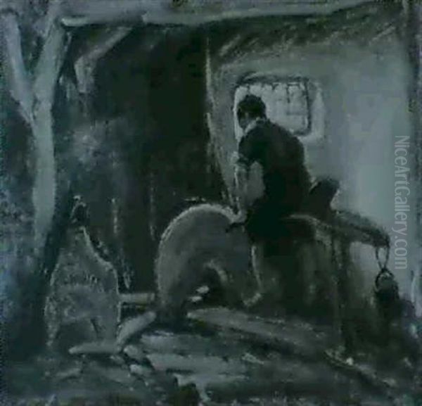 Barfussiger Bursche Auf Einem Schleifbock Vor Machtigem     Bauernhof Oil Painting by Carl Wahler