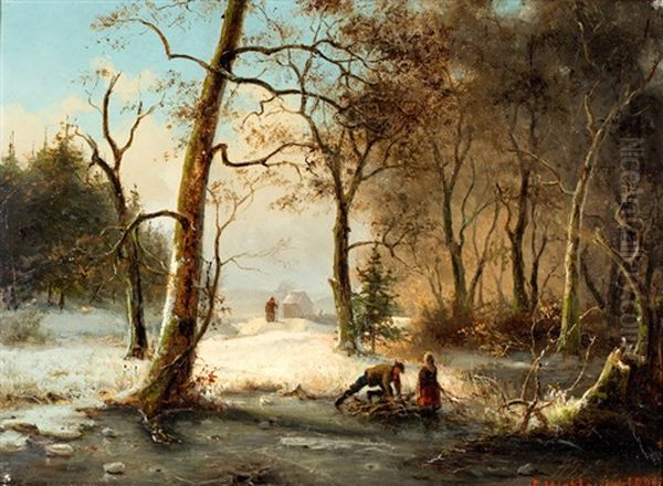 Houtsprokkelaars In Winters Bos Bij Stockholm Oil Painting by Ernfried Wahlqvist