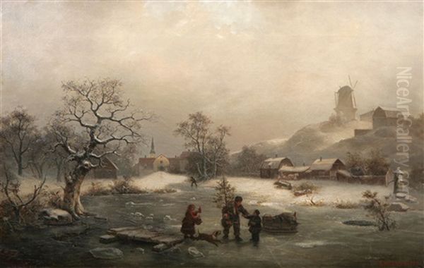 Vinterlandskap Med Figurer - Vy Over Danviken Med Kvarnen Klippan Oil Painting by Ernfried Wahlqvist