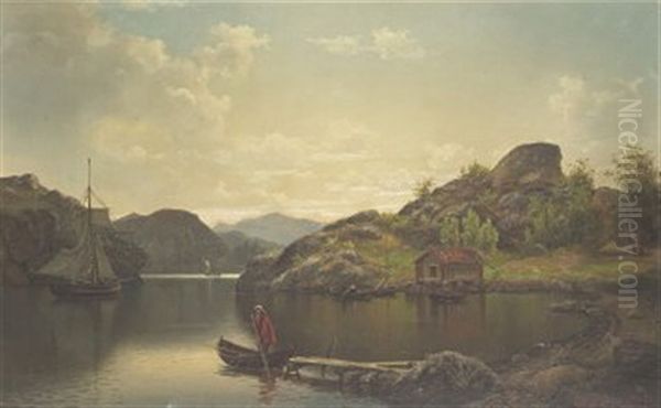 Fjordvik Med Roddbat Och Segeleka Oil Painting by Ernfried Wahlqvist