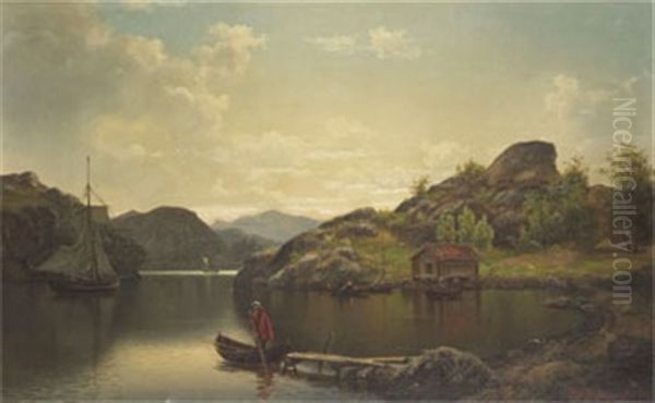 Fjordvik Med Roddbat Och Segeleka Oil Painting by Ernfried Wahlqvist