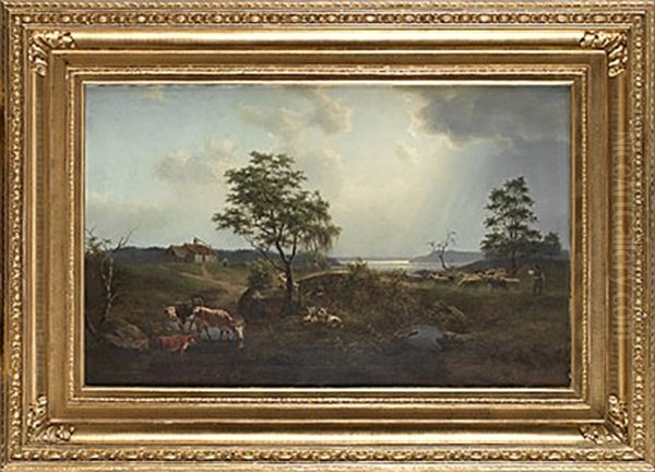 Pastoralt Landskap Med Far Oil Painting by Ernfried Wahlqvist