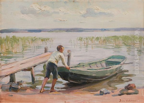 A Boy And A Boat By The Shore Oil Painting by Dora Wahlroos