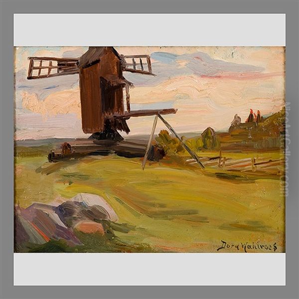 Old Windmill Oil Painting by Dora Wahlroos