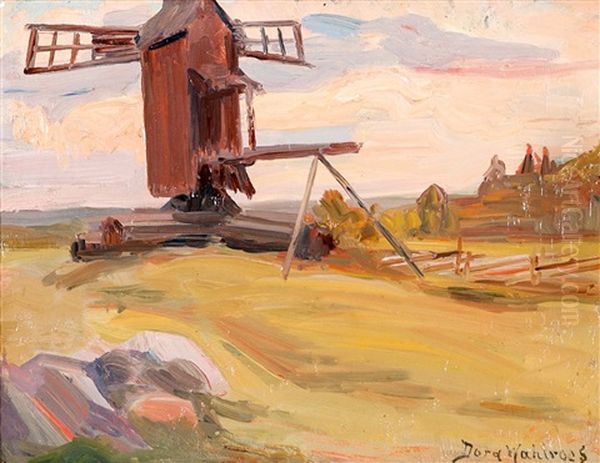 Old Windmill Oil Painting by Dora Wahlroos