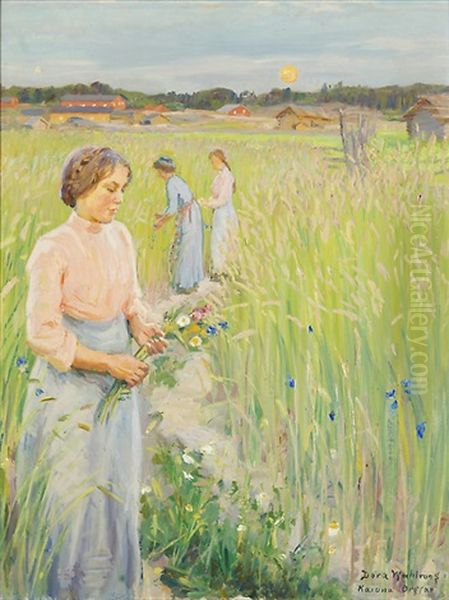 Girls On A Flowering Field Oil Painting by Dora Wahlroos