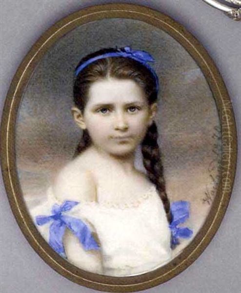 A Girl, In Loose Lace-bordered White Dress With Blue Bows At Sleeves, Blue Ribbon In Her Long Brown Hair Dressed In Plaits Oil Painting by Friedrich Wailand