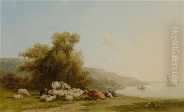 Animals Resting By A River Oil Painting by Thomas Francis Wainewright