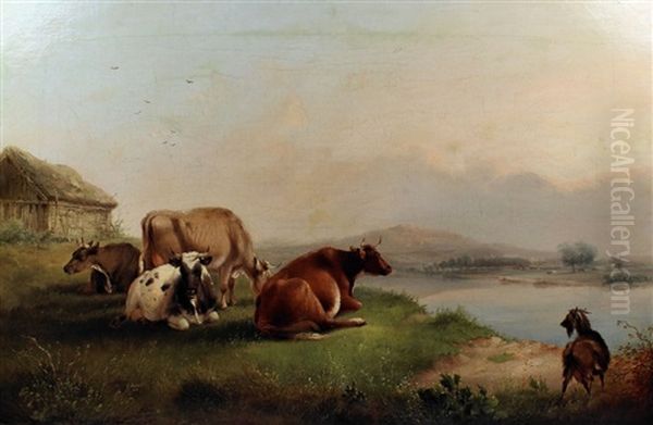 Cattle Beside Rivers, Each (pair) Oil Painting by Thomas Francis Wainewright