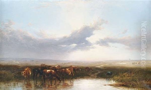 Weite Landschaft In Der Abenddammerung, Im Vordergrund Viehherde An Einem Gewasser Oil Painting by Thomas Francis Wainewright