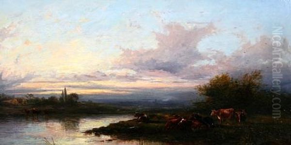 Cattle Beside A River At Sunset Oil Painting by Thomas Francis Wainewright