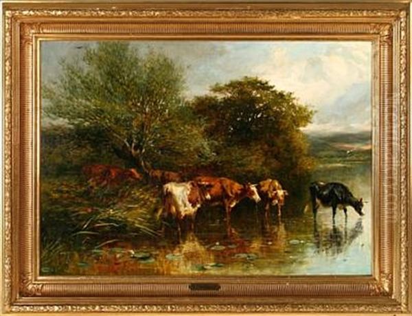 Mountain Scene With Cattle At A Pool Oil Painting by Thomas Francis Wainewright