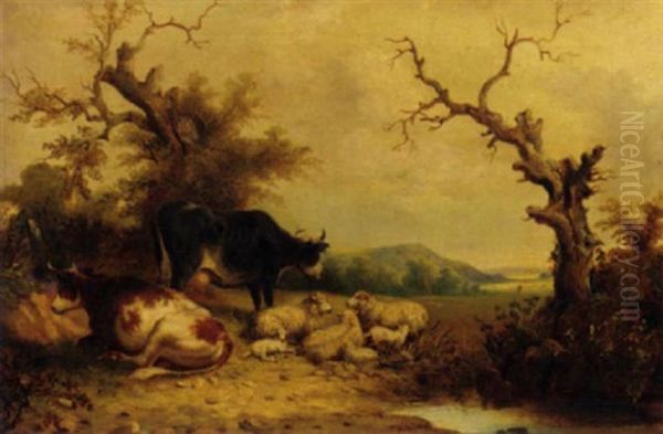 Cattle And Sheep By A Pond In An Extensive Landscape Oil Painting by Thomas Francis Wainewright