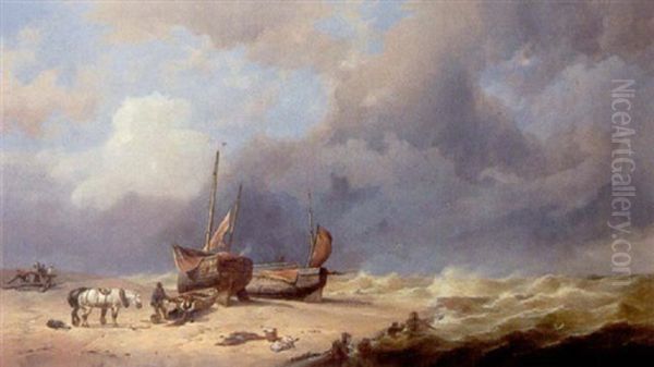 Fisherfolk Mending The Nets By Their Beached Vessels Oil Painting by Thomas Francis Wainewright