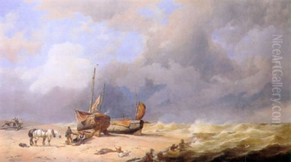 Fisherfolk Mending The Nets By Their Beached Vessels Oil Painting by Thomas Francis Wainewright