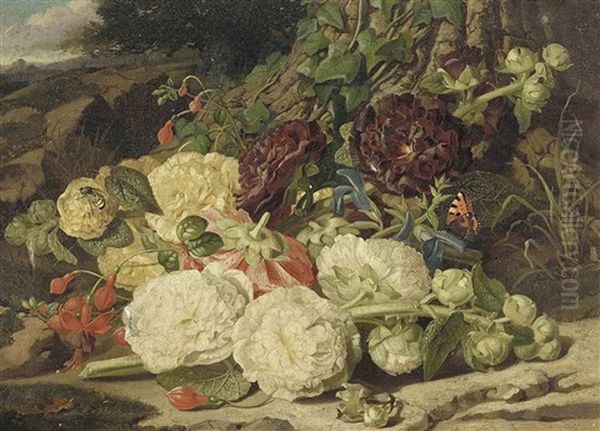 Peonies, Fuschias And Ivy On A Sandy Bank Oil Painting by William John Wainwright