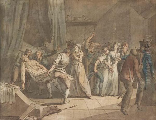 The Arrest Of Charlotte Corday, With Jean-paul Marat's Body Carriedaway Oil Painting by Louis Brion De La Tour