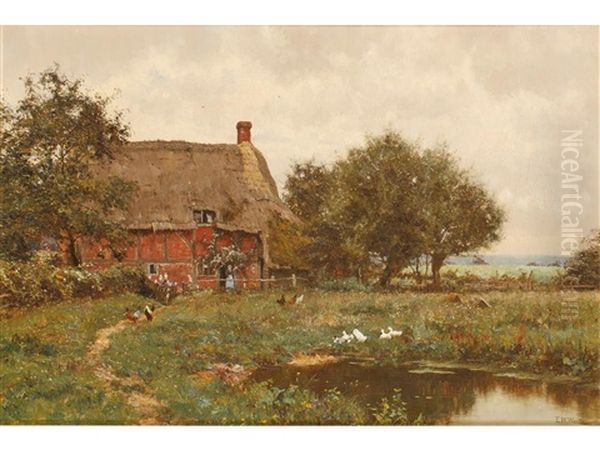 A Cottage Beside A Pond With Chickens And Ducks Oil Painting by Edward Wilkins Waite