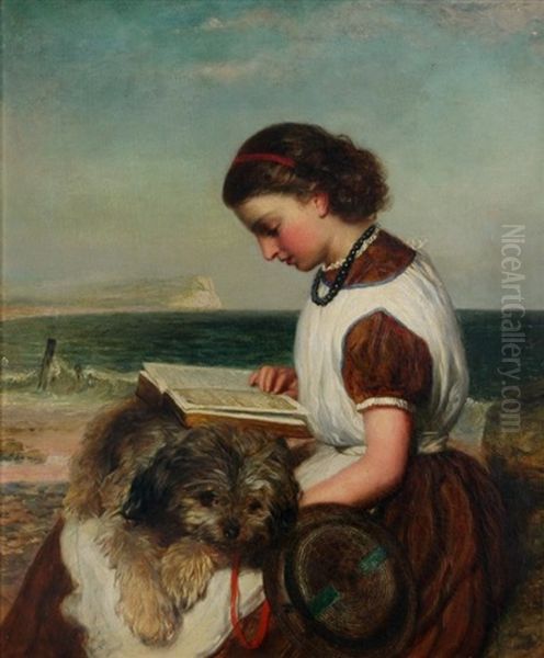 Girl Reading With Dog On Her Lap, British Coast Oil Painting by James Clarke Waite