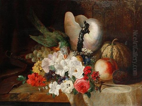 A Parrot On Fruit And Flowers With A Nautilus Shell Behind Oil Painting by Robert Thorne Waite