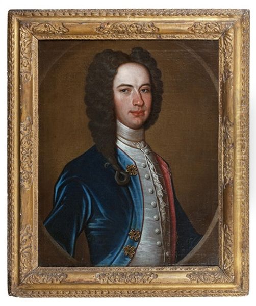 Portrait Of A Gentleman, Half-length, In A Blue Velvet Coat Oil Painting by Richard Waitt