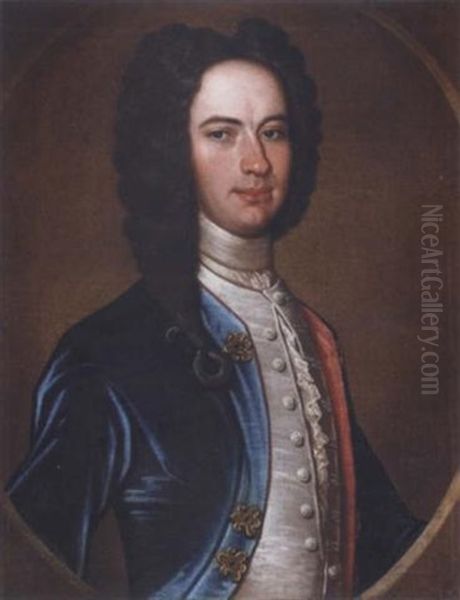 Portrait Of A Gentleman Wearing A Blue Coat And A White Waistcoat Oil Painting by Richard Waitt