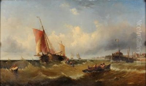 Fishermen And Shipping At The Entrance To A Dutch Harbour Oil Painting by John Cheltenham Wake