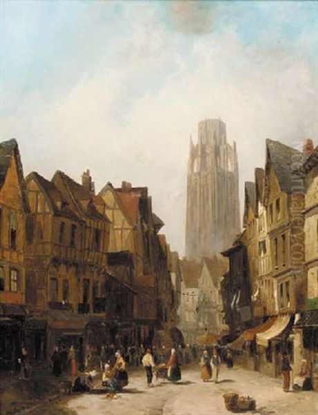 Figures In A Continental Street, A Cathedral Beyond Oil Painting by John Cheltenham Wake