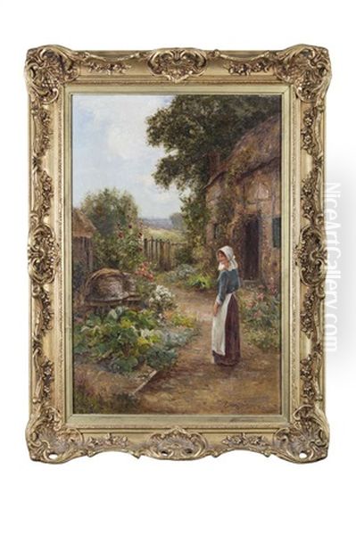 Maid In A Country Kitchen Garden Oil Painting by Ernest Walbourn