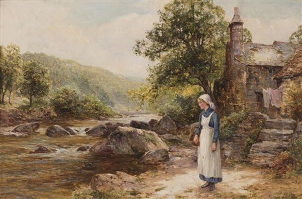 Young Maiden Before A Riverside Cottage Oil Painting by Ernest Walbourn