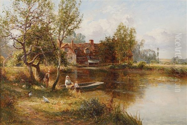 Riverscape With Figures In A Boat And Dwelling In The Background Oil Painting by Ernest Walbourn