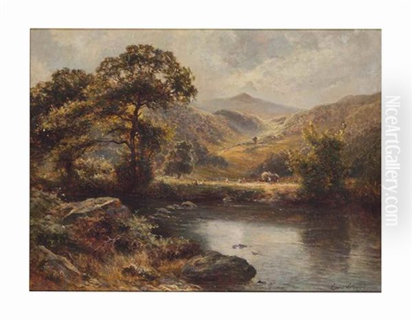 Figures Alongside A Lake In A Mountainous Landscape Oil Painting by Ernest Walbourn