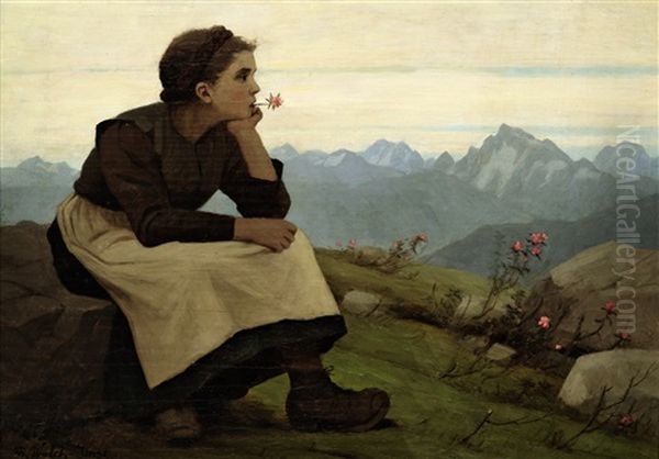 Madchen Im Gebirge, In Die Ferne Blickend Oil Painting by Thomas Walch