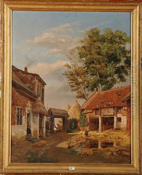 Cour De Ferme Animee Oil Painting by Gustave Walckiers