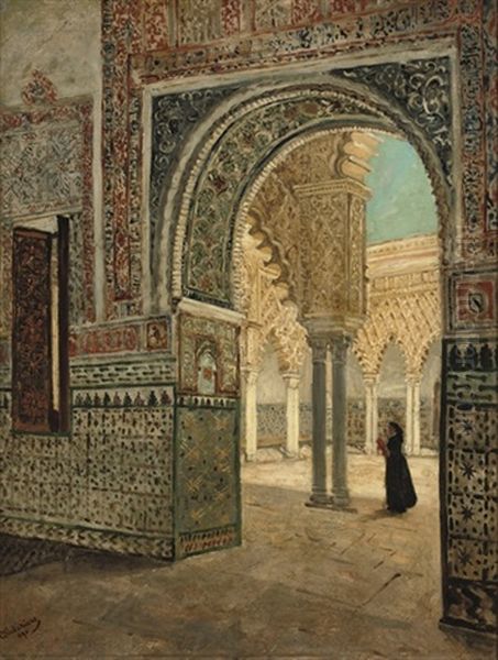 A Glance At The Courtyard Of The Alcazar Real De Sevilla, Spain Oil Painting by Gustave Walckiers