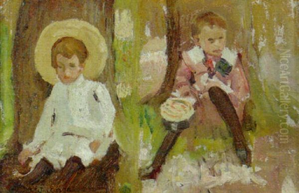 Children Resting In The Shade Of A Tree Oil Painting by Harry Mills Walcott