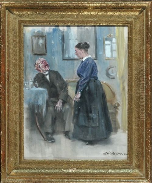 Herr Mit Zahnschmerzen Im Wohnzimmer, Betrachtet Von Seiner Ehefrau by Franz Walde