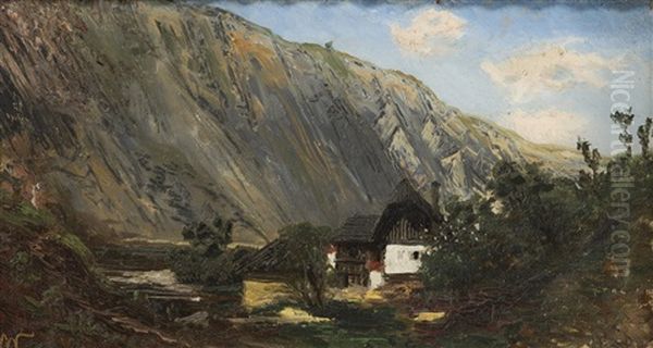 A Cottage Beneath The Rocks Oil Painting by Anton Waldhauser