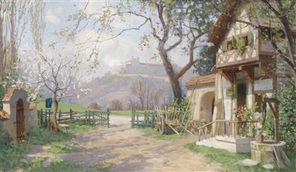 A Farmhouse Atsunshine Oil Painting by Antonio, Anton Brioschi