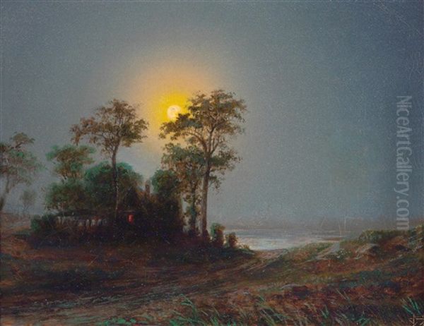 Landscape By The Water In The Moonlight Oil Painting by Anton Waldhauser