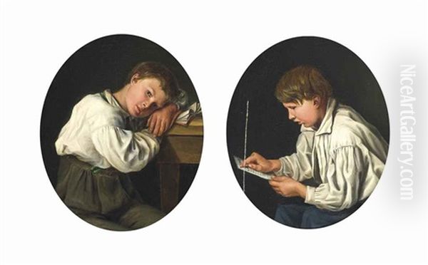 A Diligent Pupil; A Daydreamer (pair) Oil Painting by Ferdinand Waldmueller