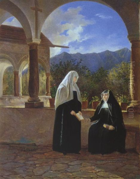 Zwei Sich Unterhaltende Ordensschwestern Im Arkadengang Eines Kloster Oil Painting by Ferdinand Waldmueller