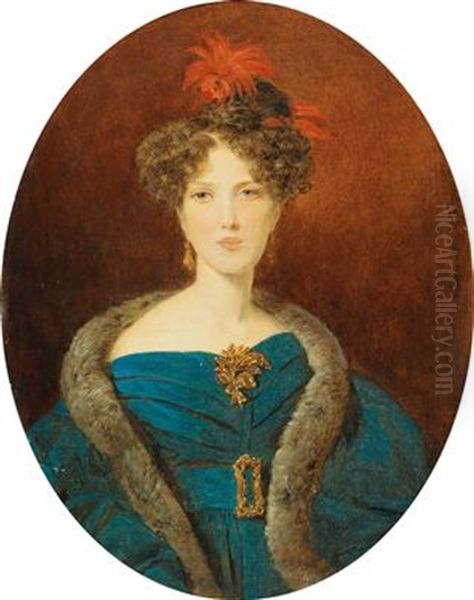 Portrait Of A Young Lady In A Blue Dress And Fur Stole Oil Painting by Ferdinand Georg Waldmueller