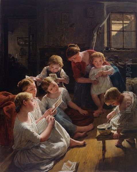 Kinder Am Morgen Bilder Betrachtend Oil Painting by Ferdinand Georg Waldmueller