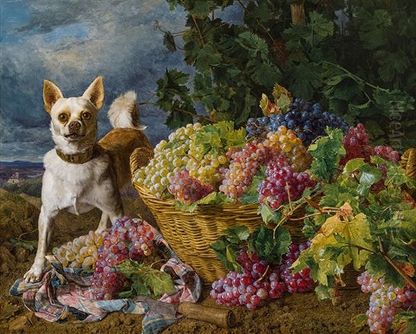 A Dog Guards Grapes Oil Painting by Ferdinand Georg Waldmueller