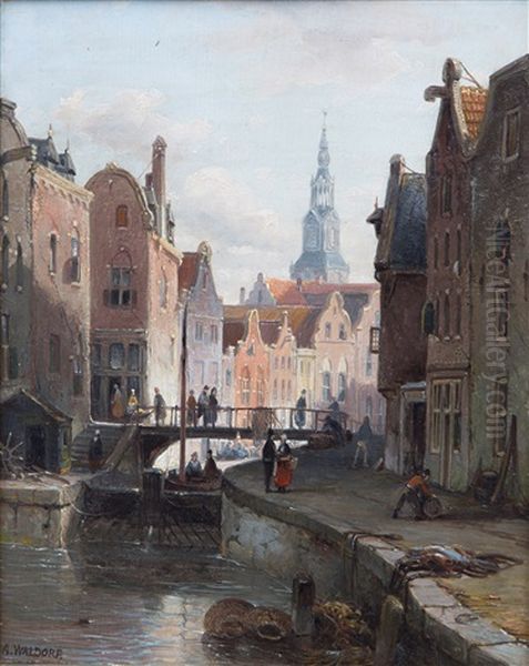 A Dutch Town With Figures On A Bridge Oil Painting by Antonie Waldorp