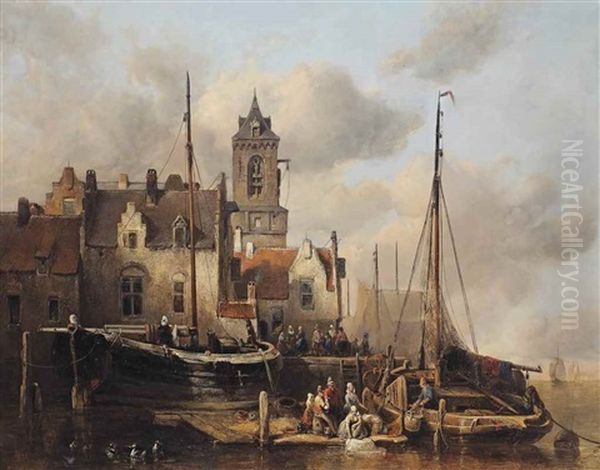 A Busy Quay In A Dutch Town Oil Painting by Antonie Waldorp