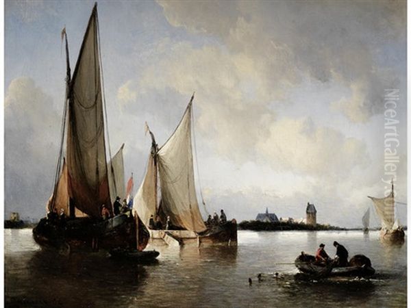 Dutch Galjots In An Estuary Oil Painting by Antonie Waldorp