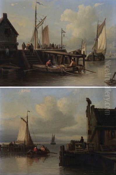 Vue De Port Anime De Figures Pres D'une Estacade En Bois (pair) Oil Painting by Antonie Waldorp